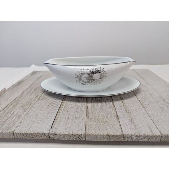 Vintage Kutani Serving Gravy Boat with Underplate White Silver Gray Bursts Japan - Picture 1 of 6